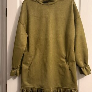FAUX SUEDE TURTLENECK DRESS WITH FRINGE HEM